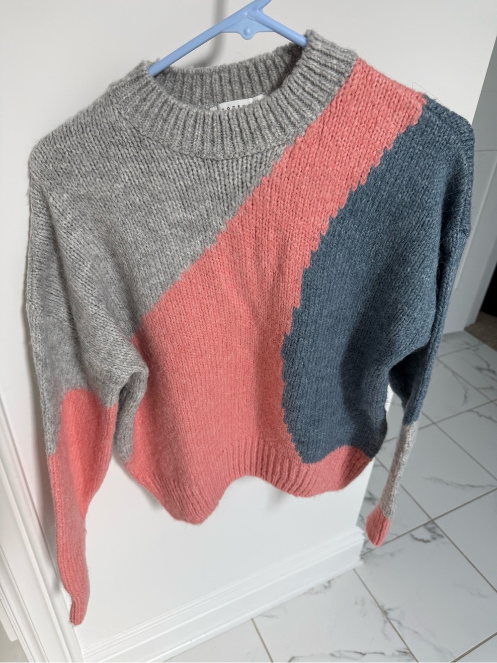 Topshop Gray, Coral & Slate Colorblock Crewneck Sweater